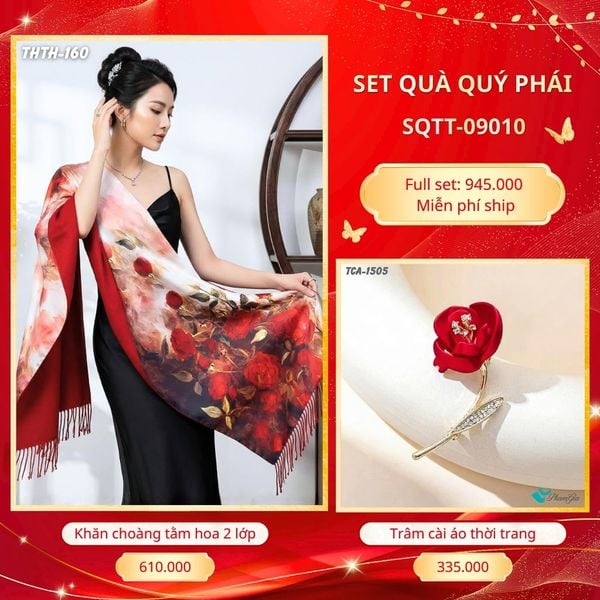Set Quà Tặng Khăn Choàng Tằm Hoa 2 Lớp Cao Cấp Và Trâm Cài Áo Quý Phái (SQTT09010)