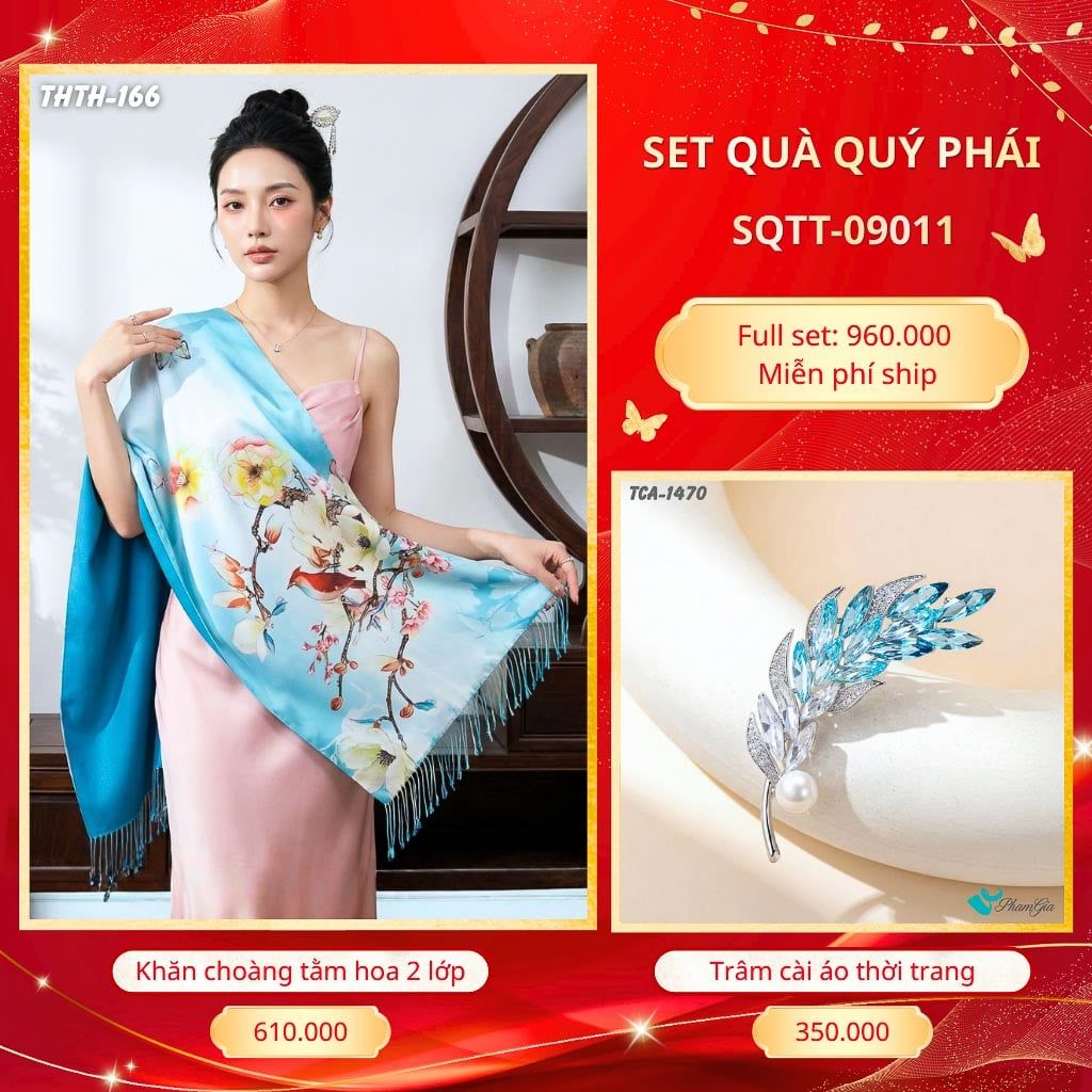 Set Quà Tặng Khăn Choàng Tằm Hoa 2 Lớp Cao Cấp Và Trâm Cài Áo Quý Phái (SQTT09011)
