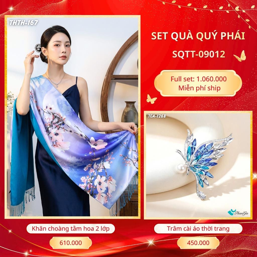 Set Quà Tặng Khăn Choàng Tằm Hoa 2 Lớp Cao Cấp Và Trâm Cài Áo Quý Phái (SQTT09012)