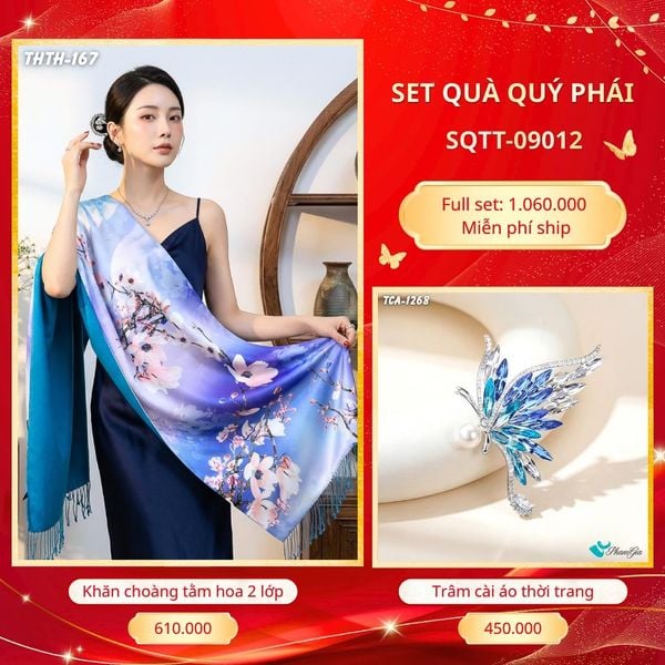 Set Quà Tặng Khăn Choàng Tằm Hoa 2 Lớp Cao Cấp Và Trâm Cài Áo Quý Phái (SQTT09012)