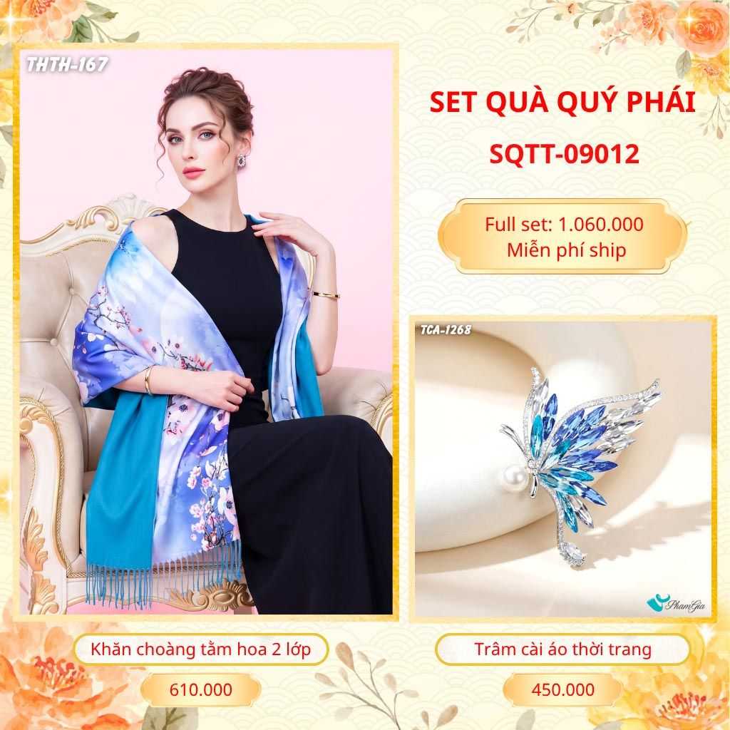Set Quà Tặng Khăn Choàng Tằm Hoa 2 Lớp Cao Cấp Và Trâm Cài Áo Quý Phái (SQTT09012)