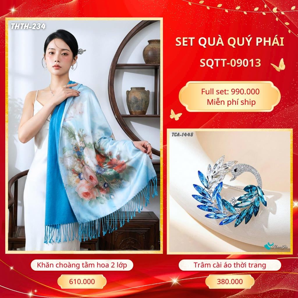 Set Quà Tặng Khăn Choàng Tằm Hoa 2 Lớp Cao Cấp Và Trâm Cài Áo Quý Phái (SQTT09013)