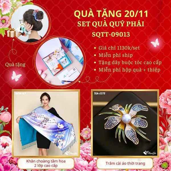 Set Quà Tặng Khăn Choàng Tằm Hoa 2 Lớp Và Ghim Cài Áo Quý Phái (SQTT09013)