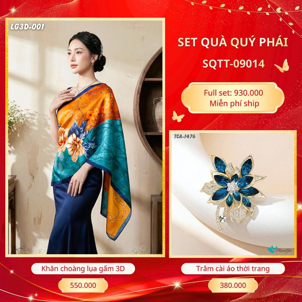 Set Quà Tặng Khăn Choàng Lụa Gấm 3D Cao Cấp Và Trâm Cài Áo Quý Phái (SQTT09014)