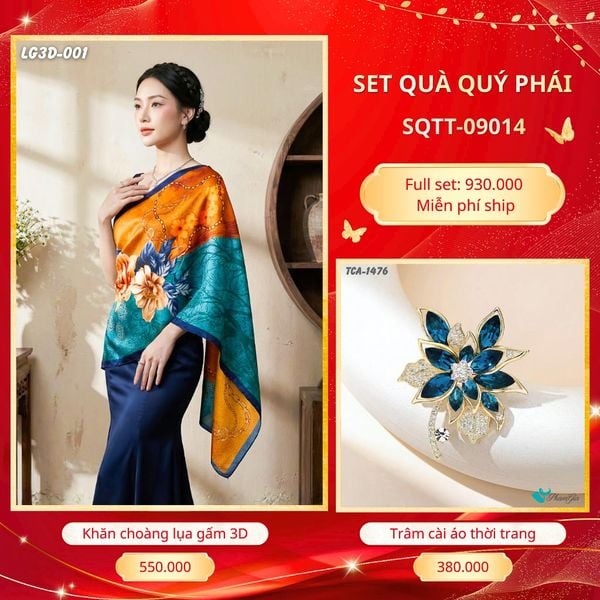 Set Quà Tặng Khăn Choàng Lụa Gấm 3D Cao Cấp Và Trâm Cài Áo Quý Phái (SQTT09014)