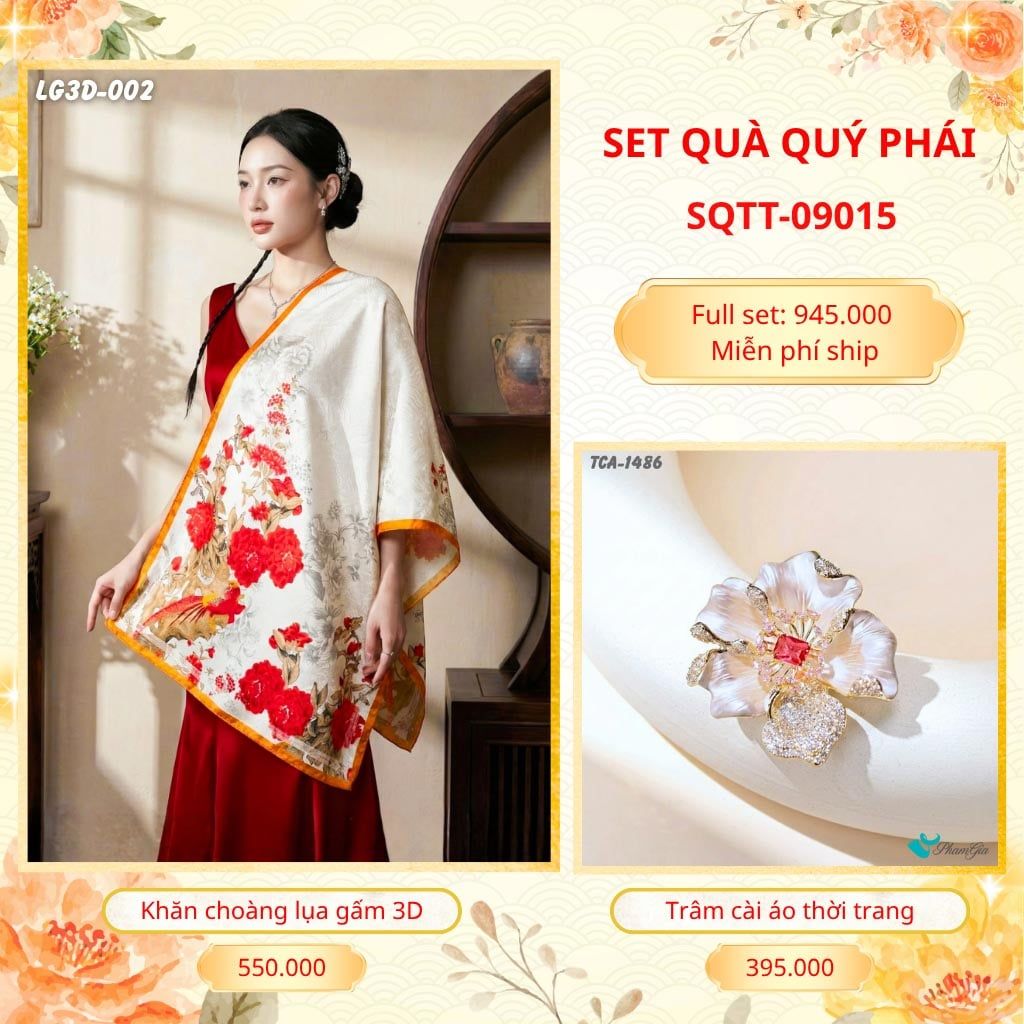 Set Quà Tặng Khăn Choàng Lụa Gấm 3D Cao Cấp Và Trâm Cài Áo Quý Phái (SQTT09015)