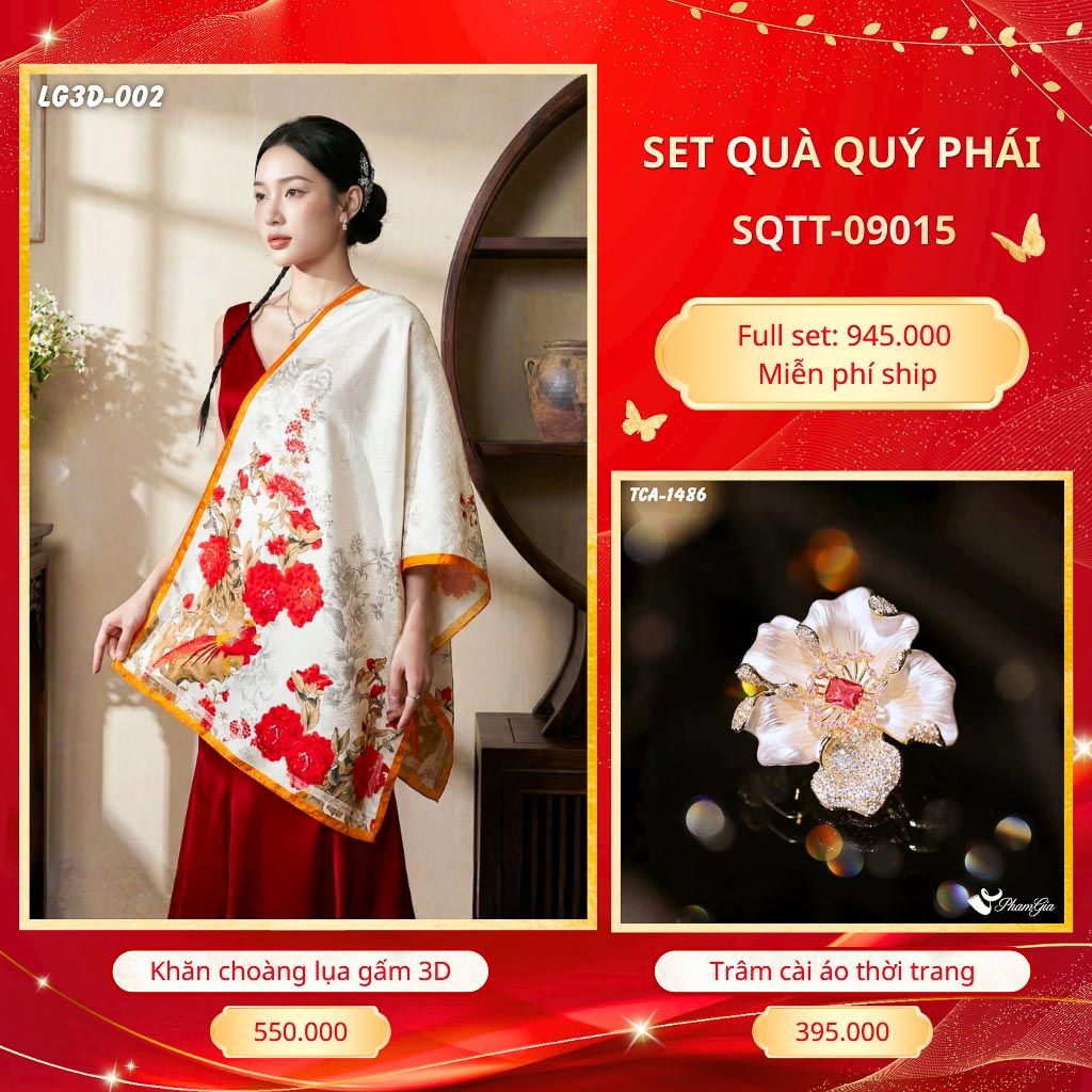 Set Quà Tặng Khăn Choàng Lụa Gấm 3D Cao Cấp Và Trâm Cài Áo Quý Phái (SQTT09015)
