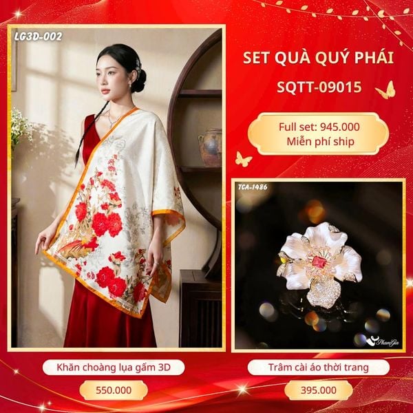 Set Quà Tặng Khăn Choàng Lụa Gấm 3D Cao Cấp Và Trâm Cài Áo Quý Phái (SQTT09015)