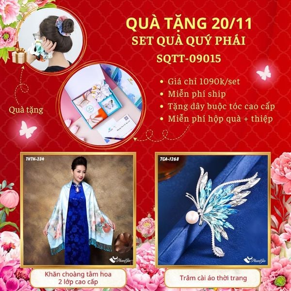 Set Quà Tặng Khăn Choàng Tằm Hoa 2 Lớp Và Ghim Cài Áo Quý Phái (SQTT09015)