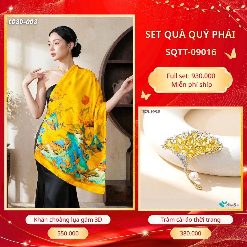 Set Quà Tặng Khăn Choàng Lụa Gấm 3D Cao Cấp Và Trâm Cài Áo Quý Phái (SQTT09016)