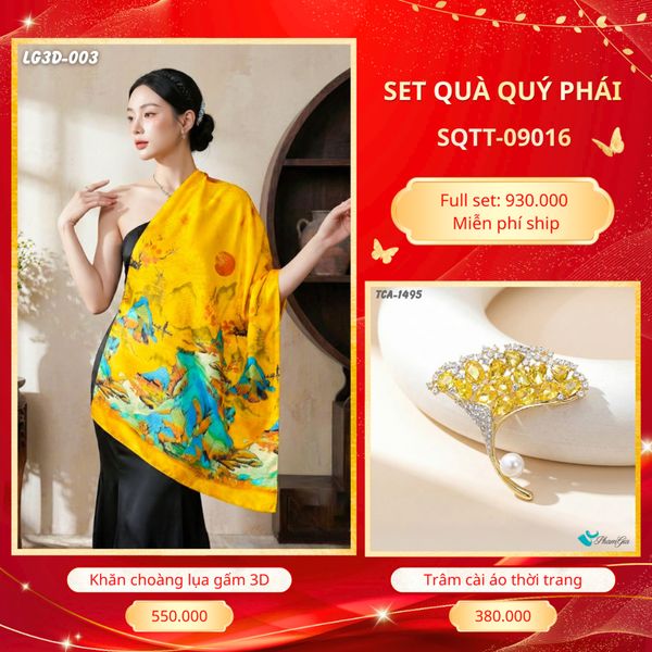 Set Quà Tặng Khăn Choàng Lụa Gấm 3D Cao Cấp Và Trâm Cài Áo Quý Phái (SQTT09016)
