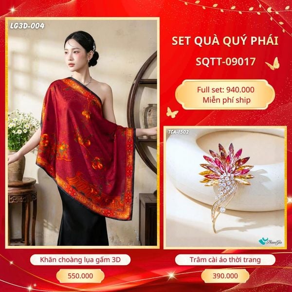 Set Quà Tặng Khăn Choàng Lụa Gấm 3D Cao Cấp Và Trâm Cài Áo Quý Phái (SQTT09017)
