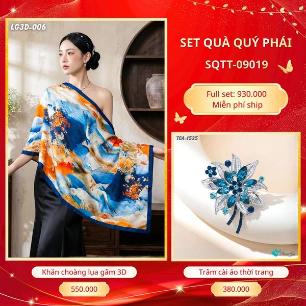 Set Quà Tặng Khăn Choàng Lụa Gấm 3D Cao Cấp Và Trâm Cài Áo Quý Phái (SQTT09019)