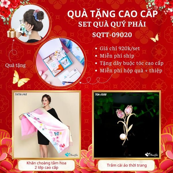 Quà Tặng Cao Cấp - Set Quà Tặng Khăn Choàng Tằm Hoa 2 Lớp Và Ghim Cài Áo Quý Phái (SQTT09020)
