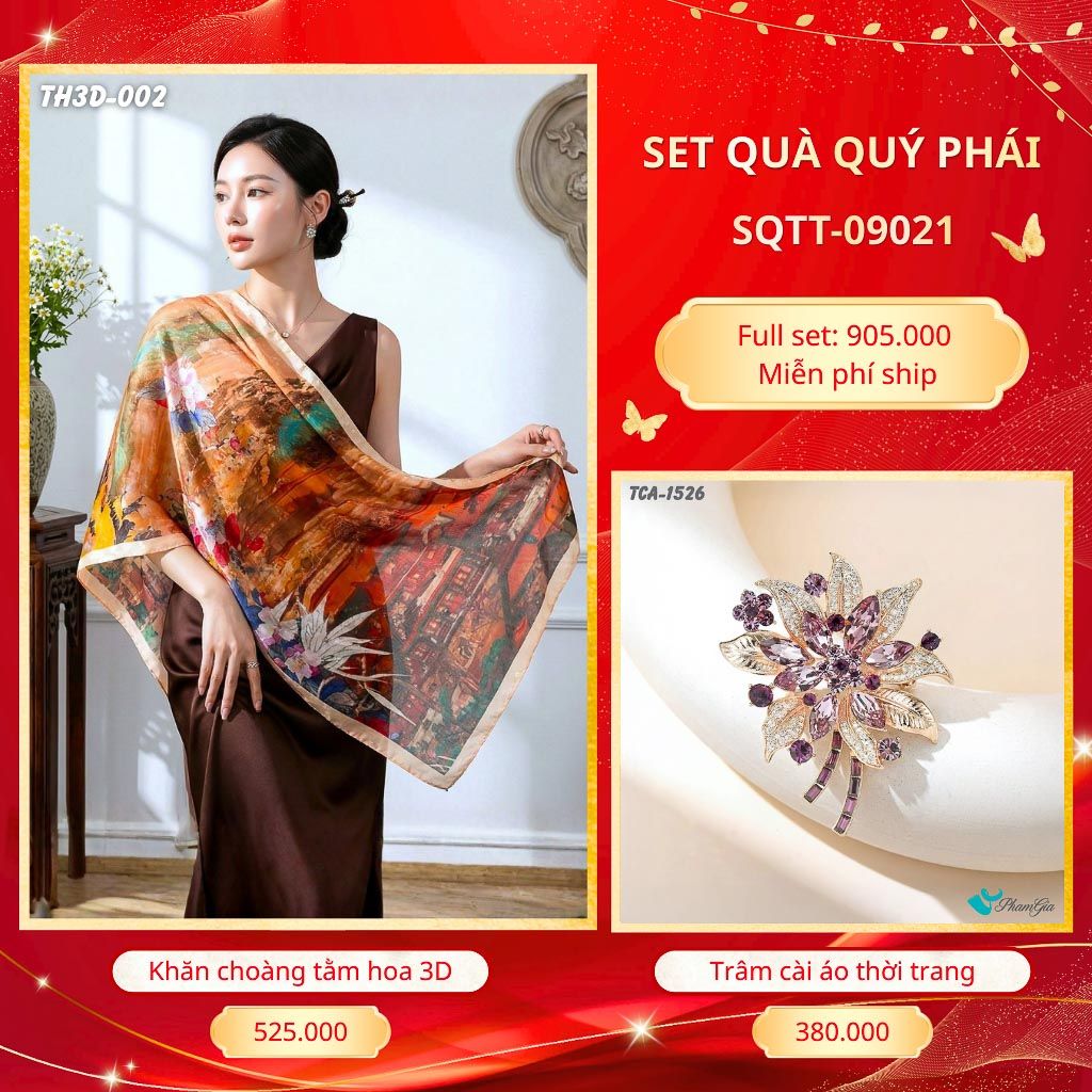 Set Quà Tặng Khăn Choàng Tằm Hoa 3D Cao Cấp Và Trâm Cài Áo Quý Phái (SQTT09021)