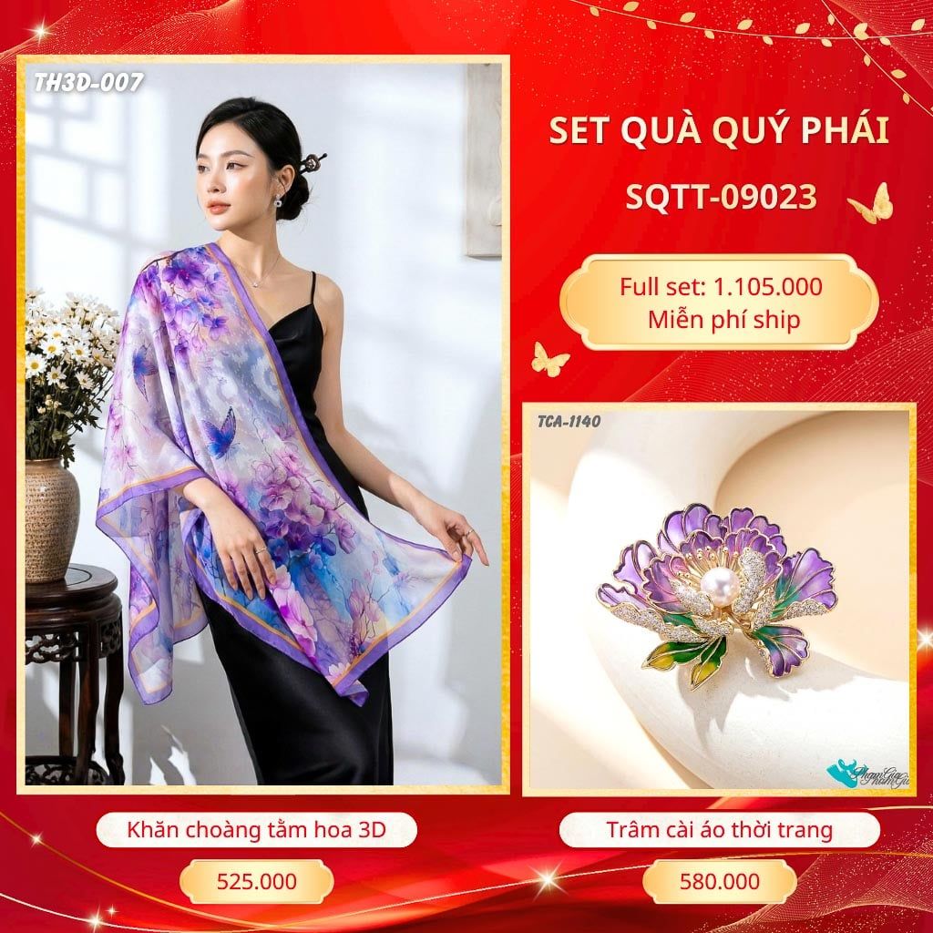 Set Quà Tặng Khăn Choàng Tằm Hoa 3D Cao Cấp Và Trâm Cài Áo Quý Phái (SQTT09023)