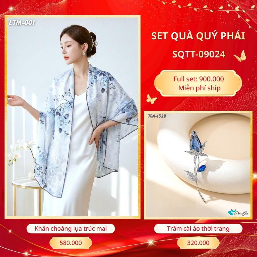 Set Quà Tặng Khăn Choàng Tằm Hoa 3D Cao Cấp Và Trâm Cài Áo Quý Phái (SQTT09024)