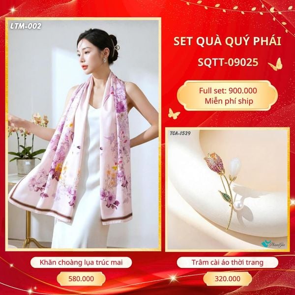 Set Quà Tặng Khăn Choàng Tằm Hoa 3D Cao Cấp Và Trâm Cài Áo Quý Phái (SQTT09025)
