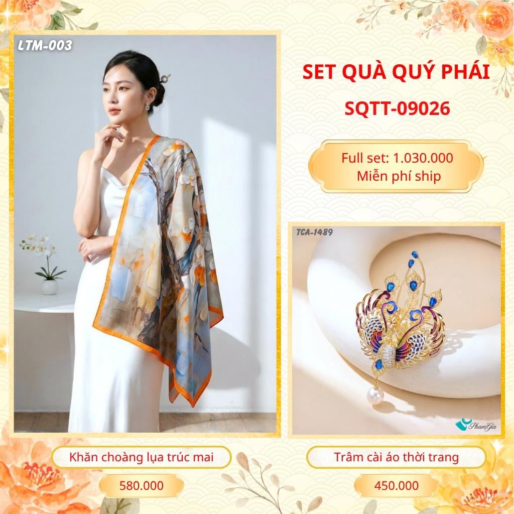 Set Quà Tặng Khăn Choàng Tằm Hoa 3D Cao Cấp Và Trâm Cài Áo Quý Phái (SQTT09026)