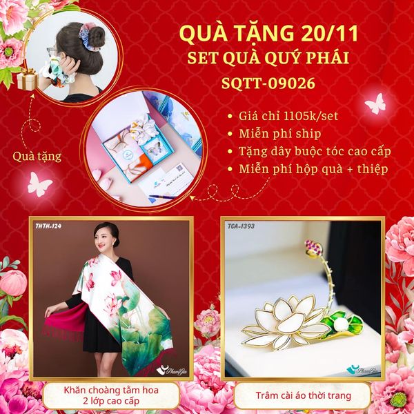 Set Quà Tặng Khăn Choàng Tằm Hoa 2 Lớp Và Ghim Cài Áo Quý Phái (SQTT09026)