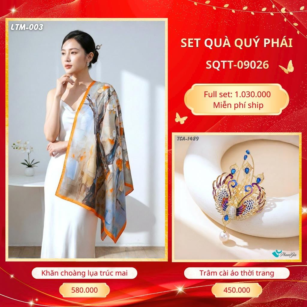 Set Quà Tặng Khăn Choàng Tằm Hoa 3D Cao Cấp Và Trâm Cài Áo Quý Phái (SQTT09026)