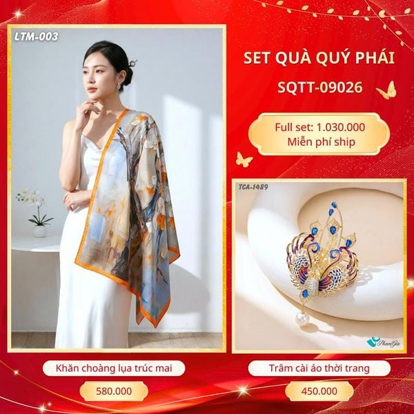 Set Quà Tặng Khăn Choàng Tằm Hoa 3D Cao Cấp Và Trâm Cài Áo Quý Phái (SQTT09026)