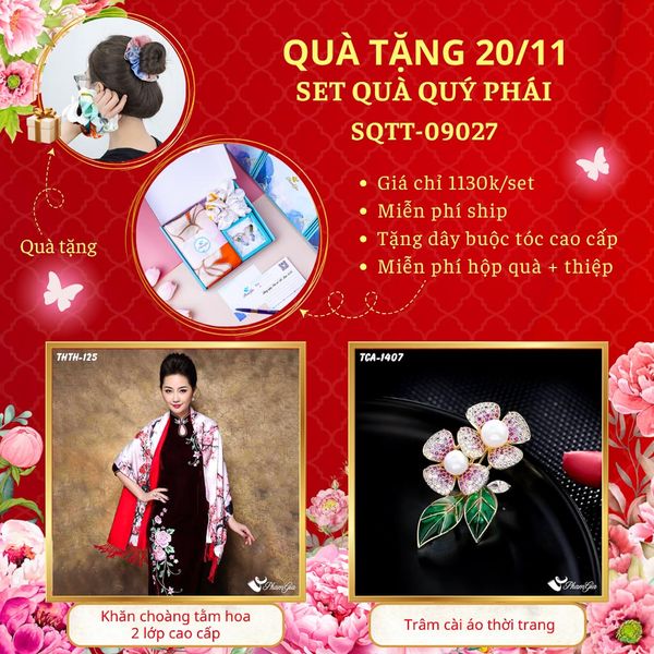 Set Quà Tặng Khăn Choàng Tằm Hoa 2 Lớp Và Ghim Cài Áo Quý Phái (SQTT09027)