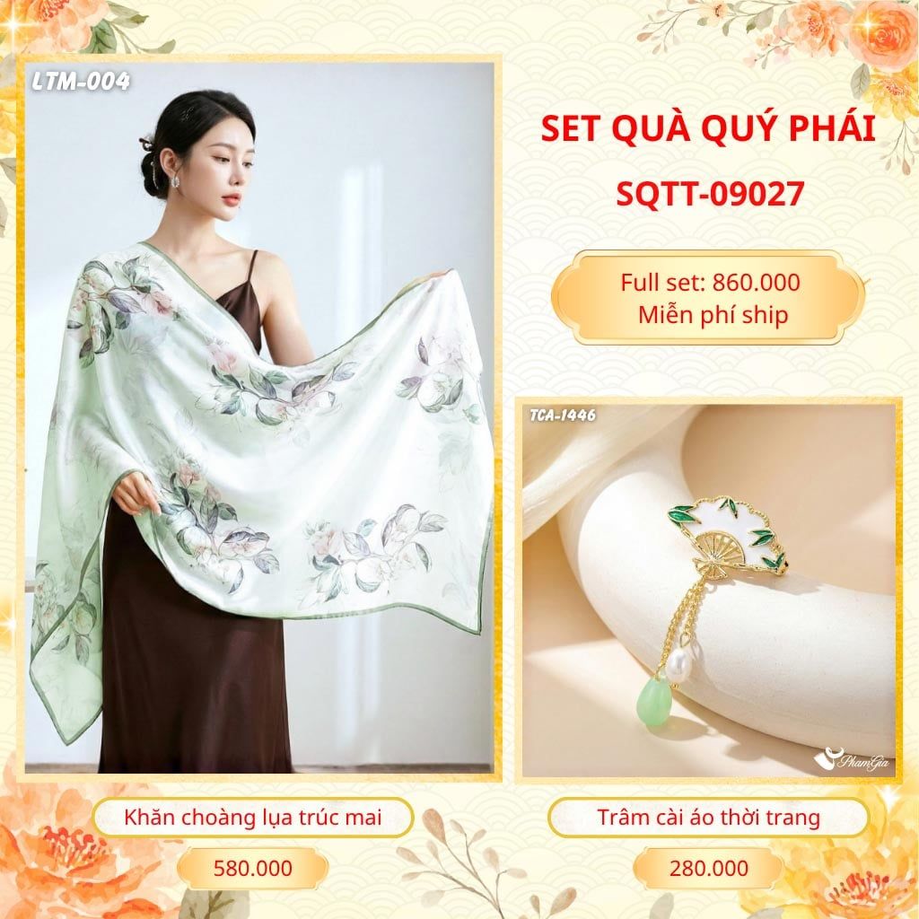 Set Quà Tặng Khăn Choàng Tằm Hoa 3D Cao Cấp Và Trâm Cài Áo Quý Phái (SQTT09027)