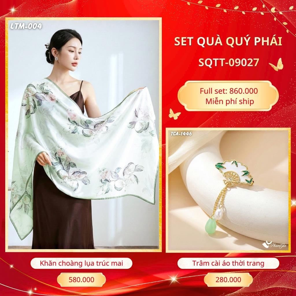 Set Quà Tặng Khăn Choàng Tằm Hoa 3D Cao Cấp Và Trâm Cài Áo Quý Phái (SQTT09027)