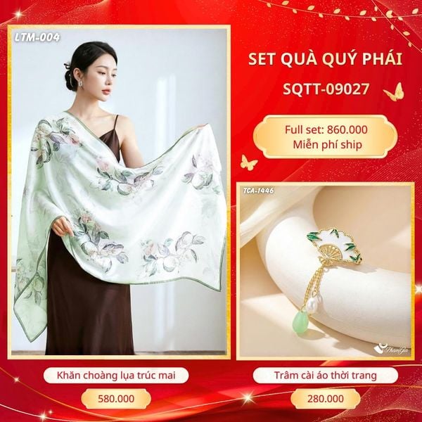 Set Quà Tặng Khăn Choàng Tằm Hoa 3D Cao Cấp Và Trâm Cài Áo Quý Phái (SQTT09027)