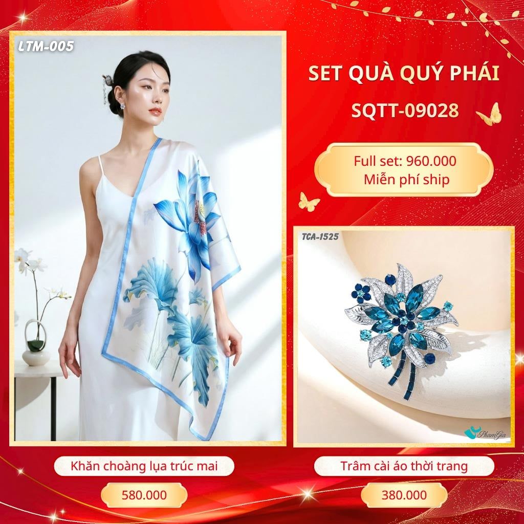 Set Quà Tặng Khăn Choàng Tằm Hoa 3D Cao Cấp Và Trâm Cài Áo Quý Phái (SQTT09028)