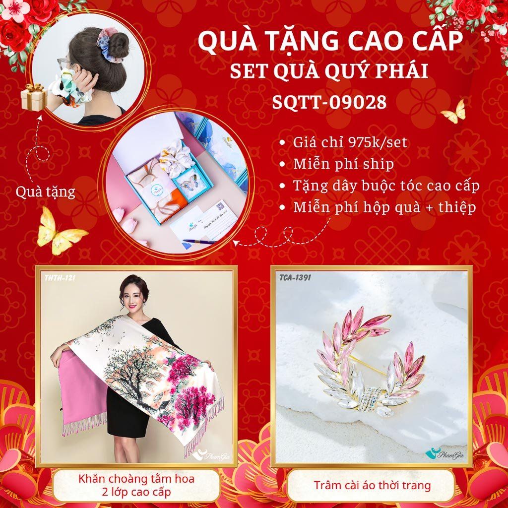 Quà Tặng Cao Cấp - Set Quà Tặng Khăn Choàng Tằm Hoa 2 Lớp Và Ghim Cài Áo Quý Phái (SQTT09028)