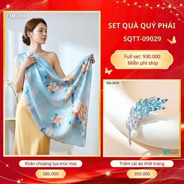 Set Quà Tặng Khăn Choàng Tằm Hoa 3D Cao Cấp Và Trâm Cài Áo Quý Phái (SQTT09029)