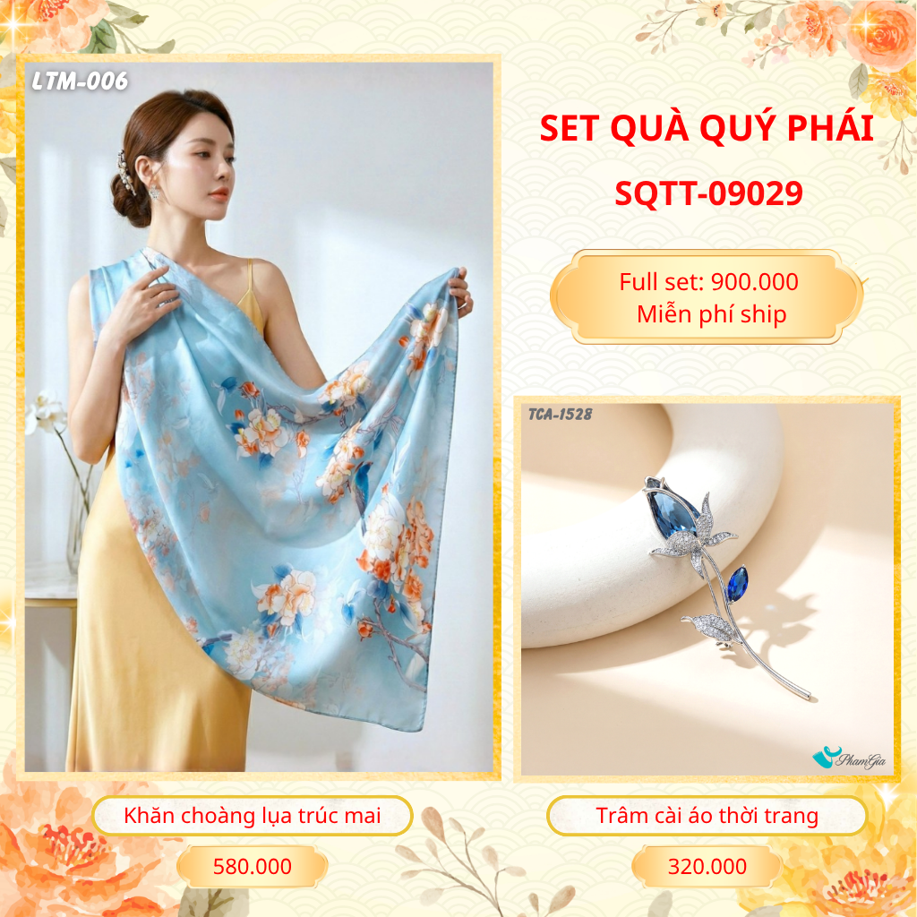 Set Quà Tặng Khăn Choàng Tằm Hoa 3D Cao Cấp Và Trâm Cài Áo Quý Phái (SQTT09029)
