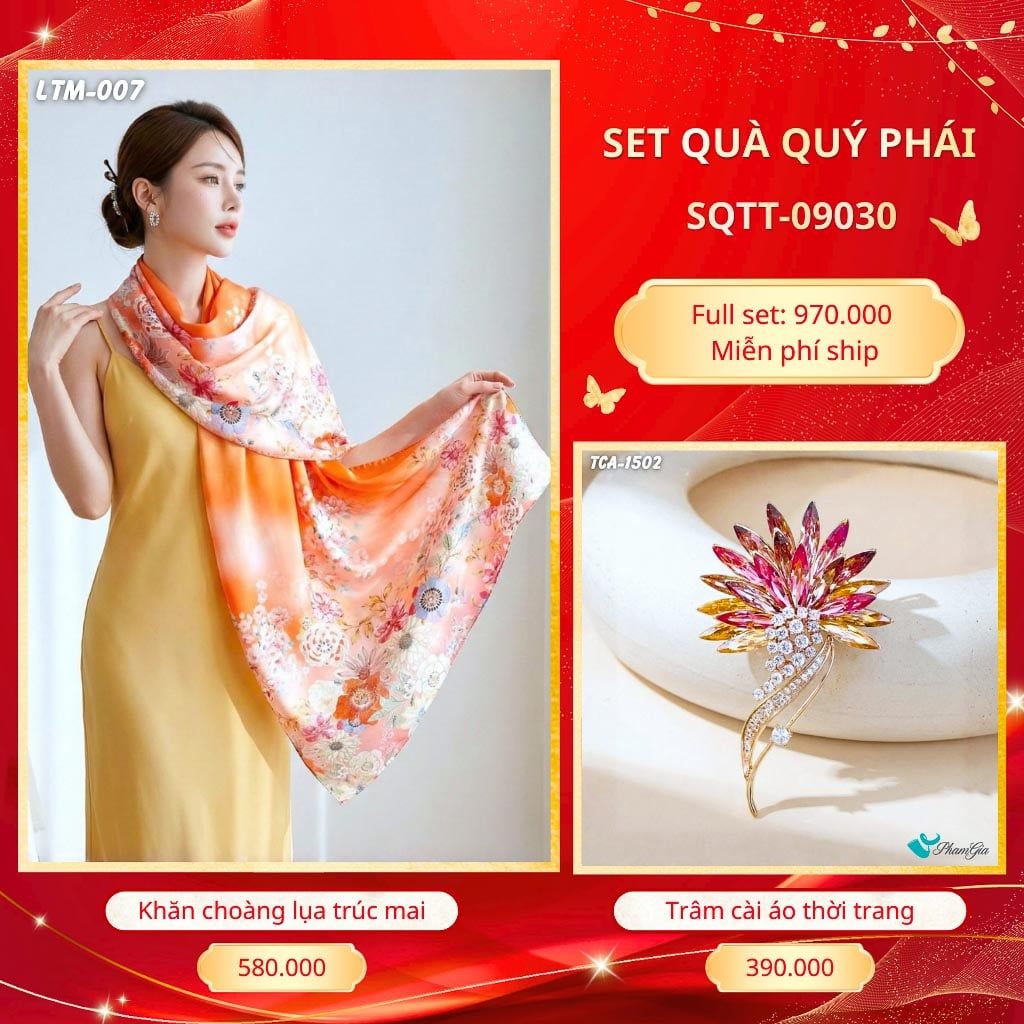 Set Quà Tặng Khăn Choàng Tằm Hoa 3D Cao Cấp Và Trâm Cài Áo Quý Phái (SQTT09030)