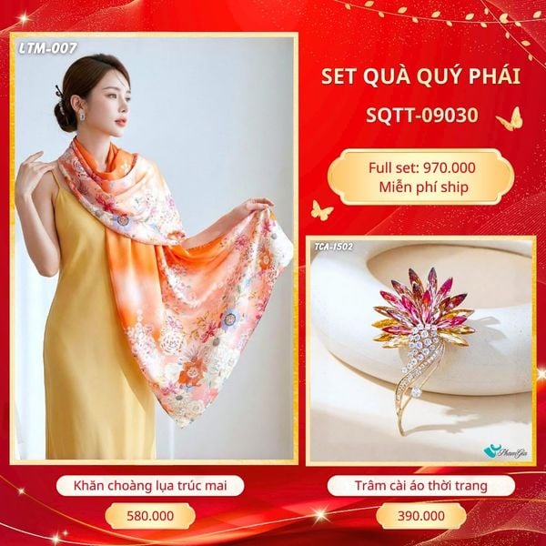 Set Quà Tặng Khăn Choàng Tằm Hoa 3D Cao Cấp Và Trâm Cài Áo Quý Phái (SQTT09030)