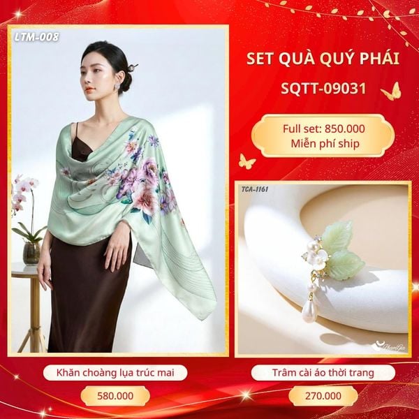 Set Quà Tặng Khăn Choàng Tằm Hoa 3D Cao Cấp Và Trâm Cài Áo Quý Phái (SQTT09031)