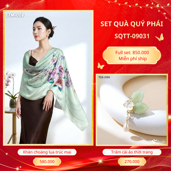 Set Quà Tặng Khăn Choàng Tằm Hoa 3D Cao Cấp Và Trâm Cài Áo Quý Phái (SQTT09031)
