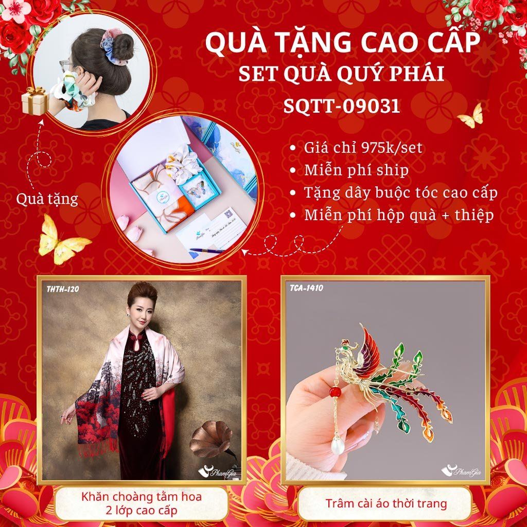 Quà Tặng Cao Cấp - Set Quà Tặng Khăn Choàng Tằm Hoa 2 Lớp Và Ghim Cài Áo Quý Phái (SQTT09031)