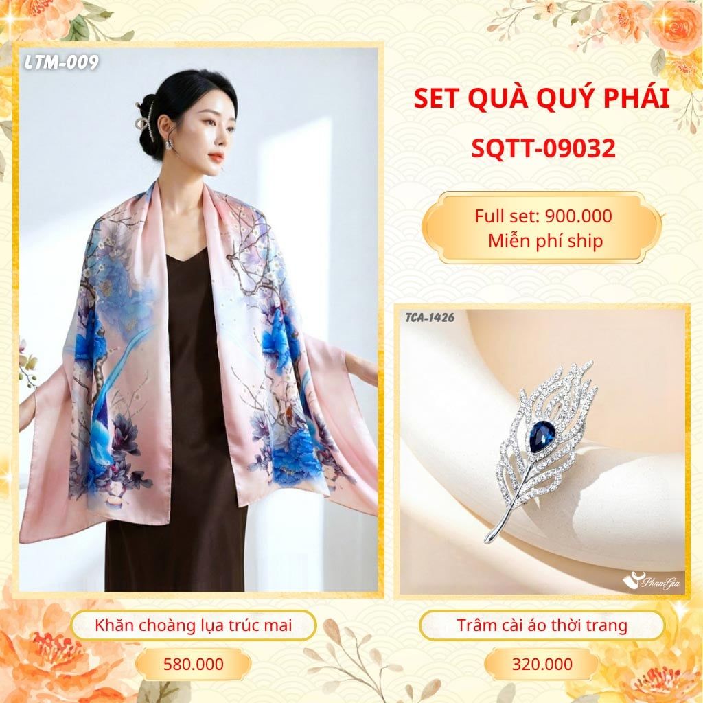 Set Quà Tặng Khăn Choàng Tằm Hoa 3D Cao Cấp Và Trâm Cài Áo Quý Phái (SQTT09032)