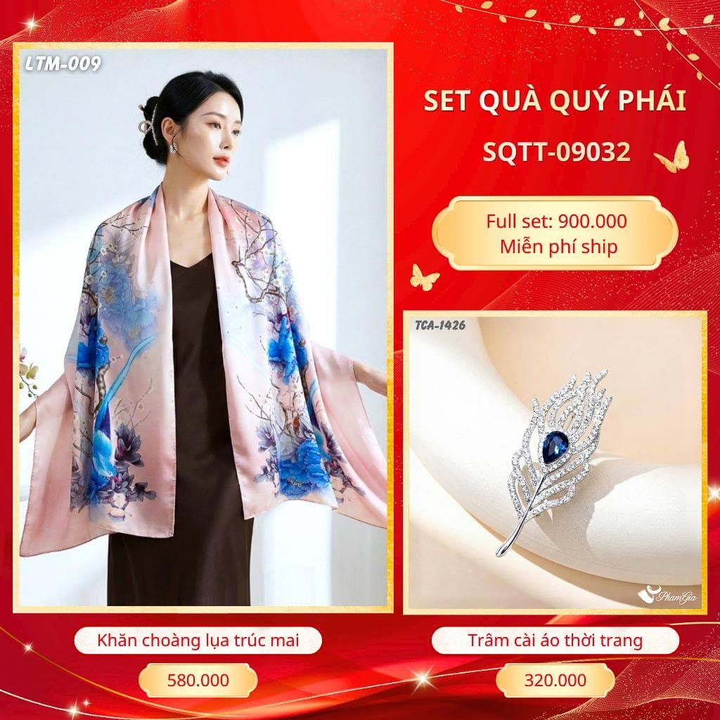 Set Quà Tặng Khăn Choàng Tằm Hoa 3D Cao Cấp Và Trâm Cài Áo Quý Phái (SQTT09032)