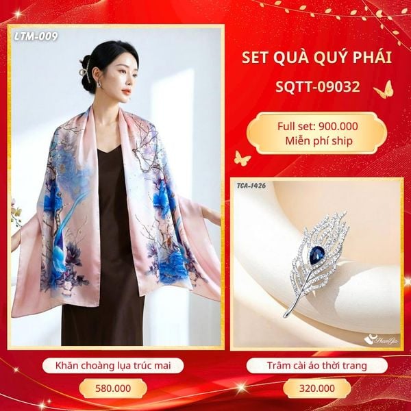 Set Quà Tặng Khăn Choàng Tằm Hoa 3D Cao Cấp Và Trâm Cài Áo Quý Phái (SQTT09032)