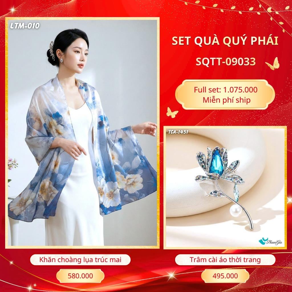 Set Quà Tặng Khăn Choàng Tằm Hoa 3D Cao Cấp Và Trâm Cài Áo Quý Phái (SQTT09033)
