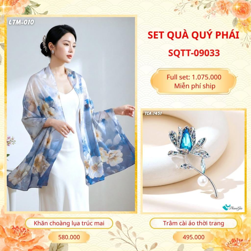 Set Quà Tặng Khăn Choàng Tằm Hoa 3D Cao Cấp Và Trâm Cài Áo Quý Phái (SQTT09033)