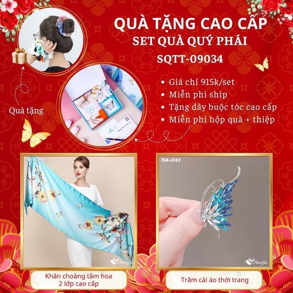 Quà Tặng Cao Cấp - Set Quà Tặng Khăn Choàng Tằm Hoa 2 Lớp Và Ghim Cài Áo Quý Phái (SQTT09034)