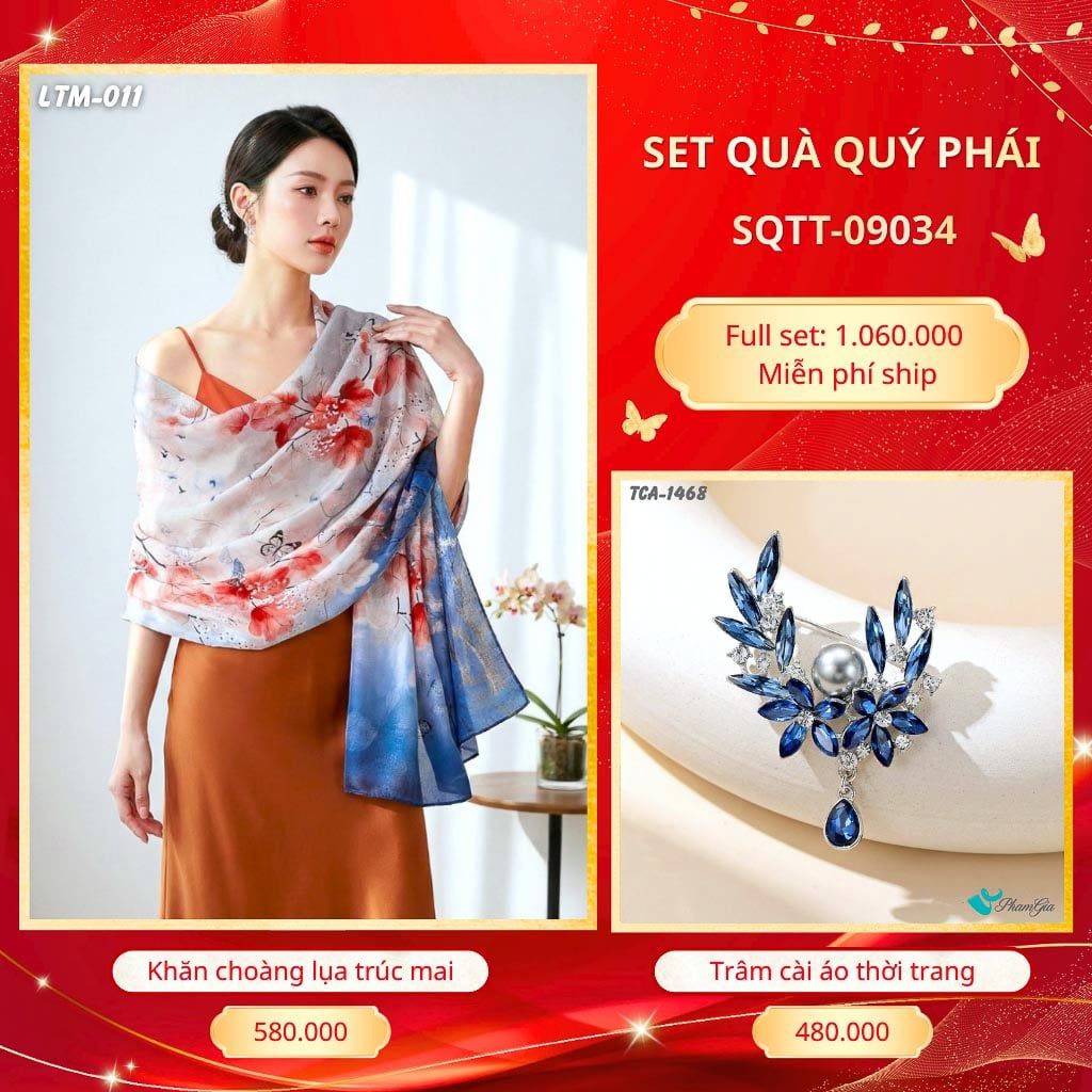 Set Quà Tặng Khăn Choàng Tằm Hoa 3D Cao Cấp Và Trâm Cài Áo Quý Phái (SQTT09034)