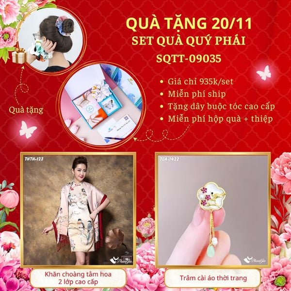 Set Quà Tặng Khăn Choàng Tằm Hoa 2 Lớp Và Ghim Cài Áo Quý Phái (SQTT09035)