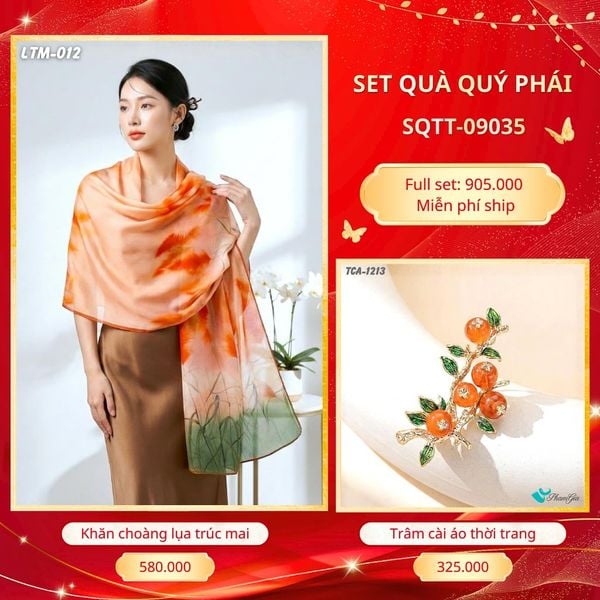 Set Quà Tặng Khăn Choàng Tằm Hoa 3D Cao Cấp Và Trâm Cài Áo Quý Phái (SQTT09035)