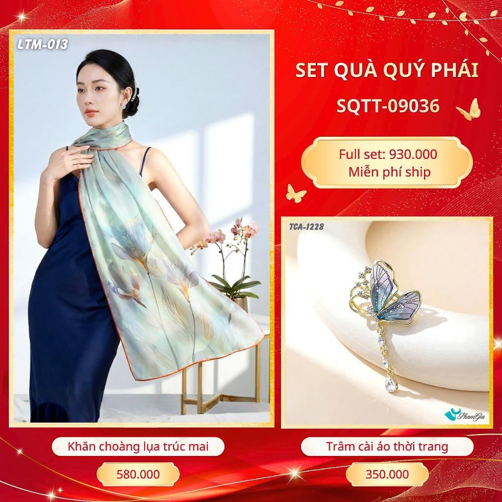 Set Quà Tặng Khăn Choàng Tằm Hoa 3D Cao Cấp Và Trâm Cài Áo Quý Phái (SQTT09036)