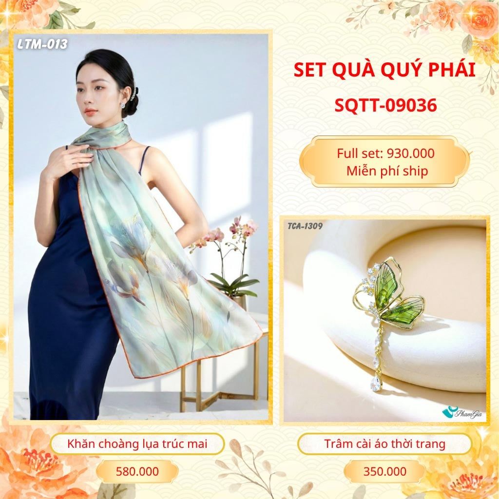 Set Quà Tặng Khăn Choàng Tằm Hoa 3D Cao Cấp Và Trâm Cài Áo Quý Phái (SQTT09036)